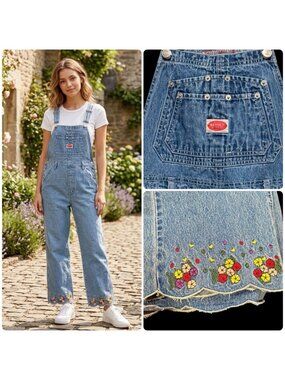 Vtg 90s Revolt size M Scalloped Embroidered Hem Blue Denim Jean Bib Overalls